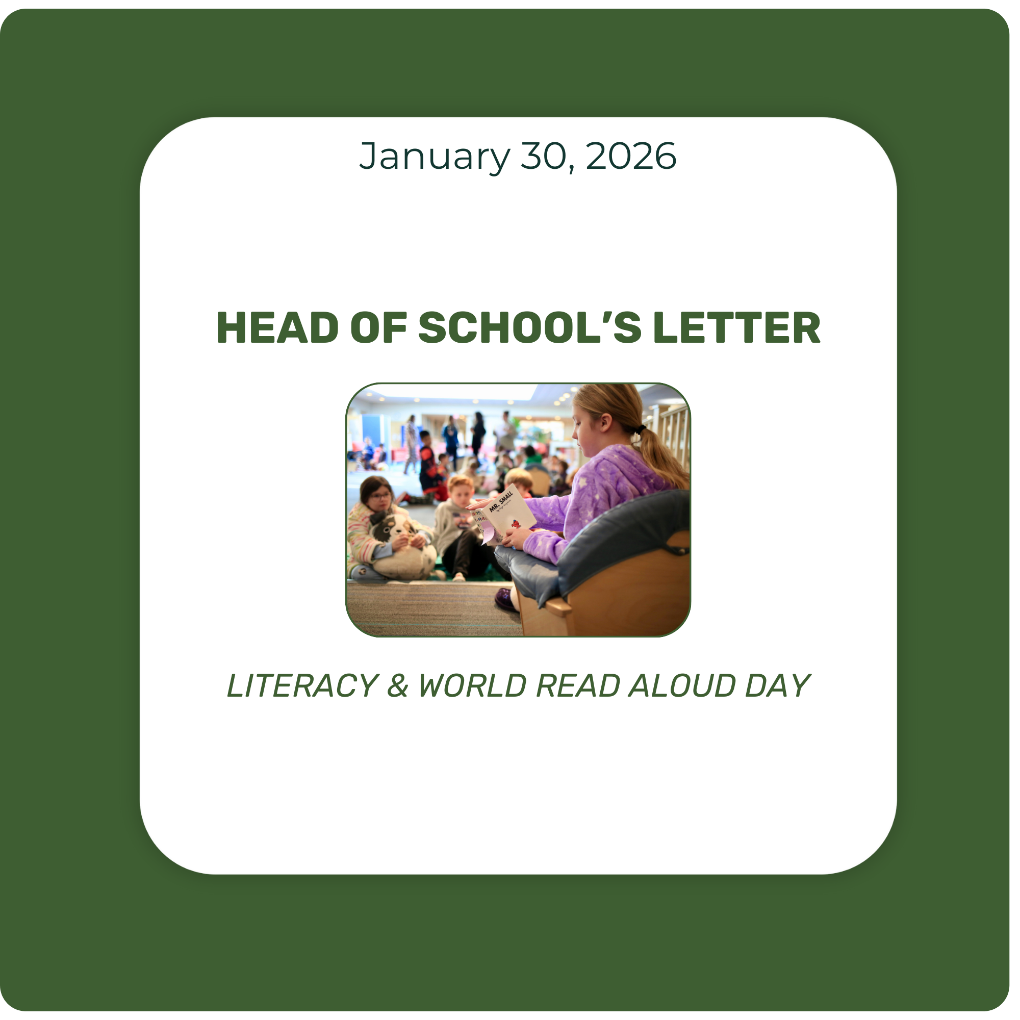 Head of School's Letter - January 30, 2026 - Literacy & World Read Aloud Day