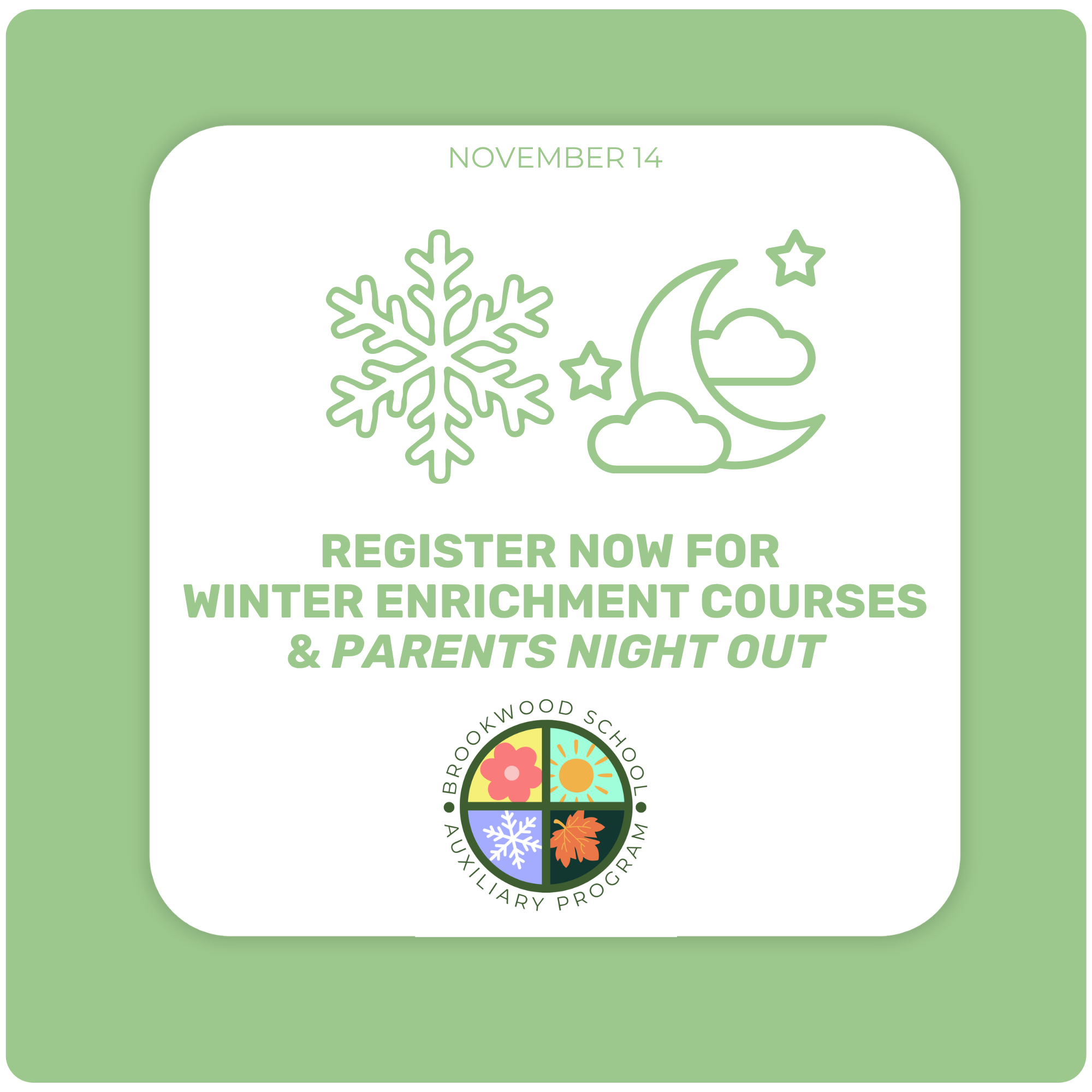 Winter Enrichment and Parents' Night Out Registration Now Open Via the Parent Portal
